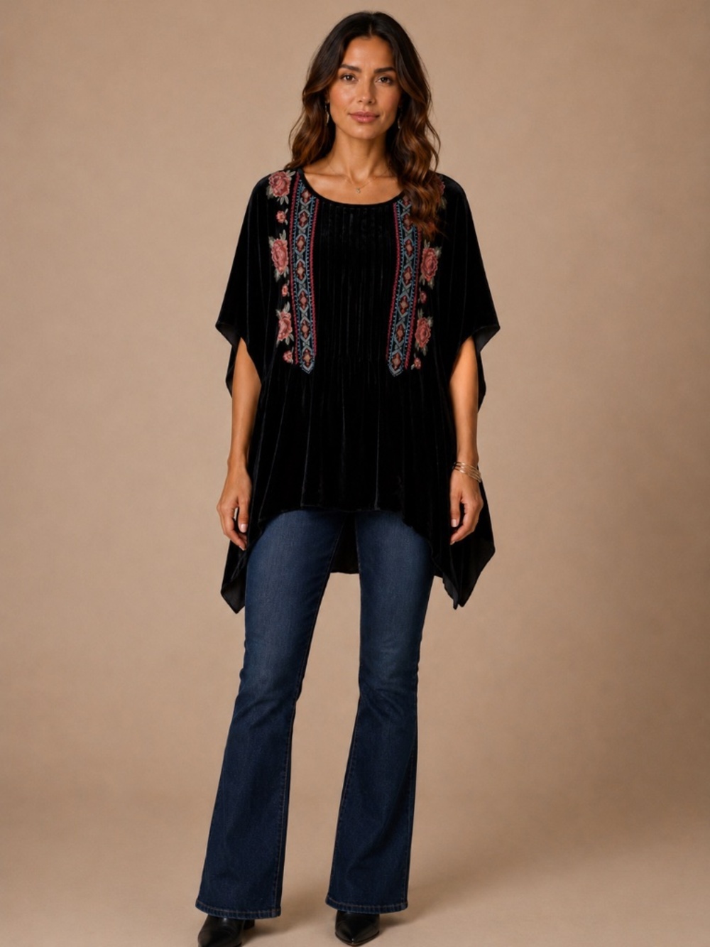 Johnny Was JWLA Joy Love Light Black Velvet Embroidered Poncho Tunic S